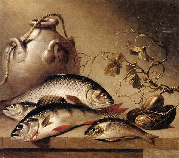 Harmen van Steenwyck Still life of freshwater fish,together with an earthenware pot and ghrkins,upon a stone ledge Germany oil painting art